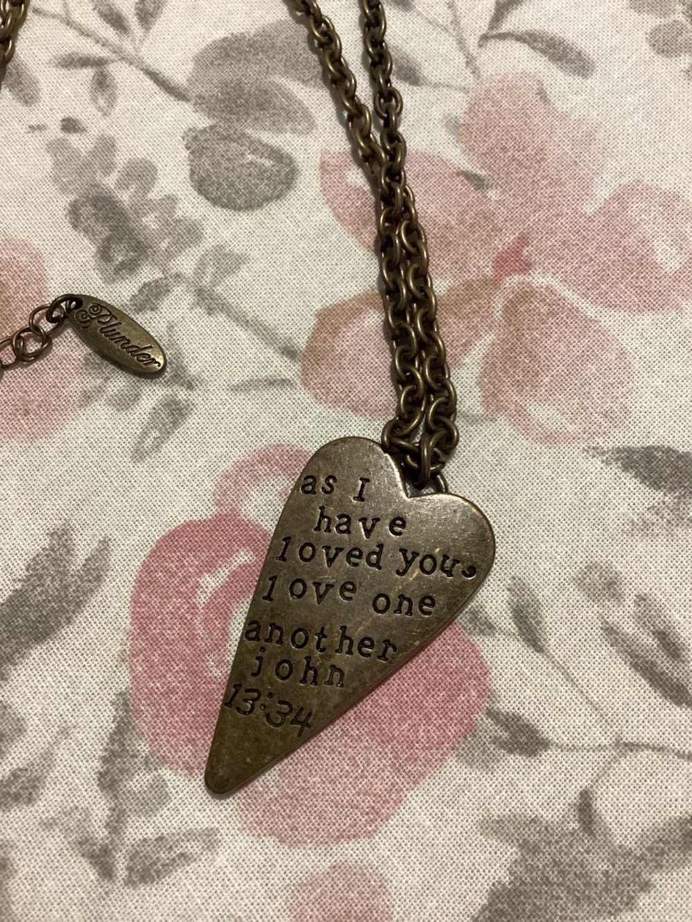 Plunder Antiqued Bronze Finish Pendant Necklace with Love One Another script
